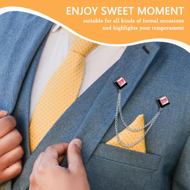 Image of Gem Brooch Pins Hanging Chain Lapel Pin for Men Suits Shirt Collar Brooch Square Crystal Brooch Pin Rhinestone Lapel Pins for Men Tassel Chain Brooch Collar Pins Business Suit Shirt Accessories