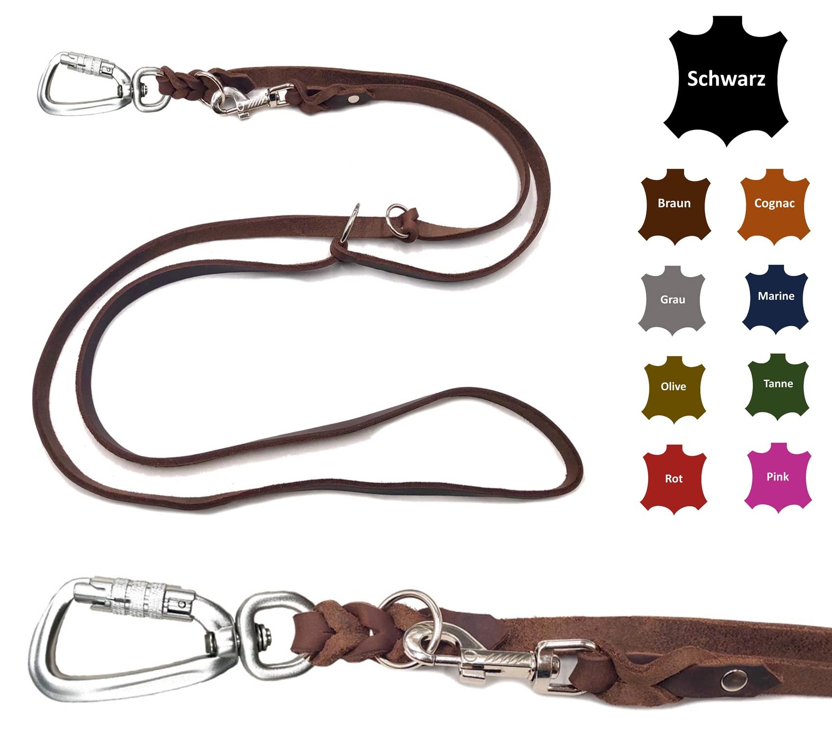 Hundeleine Fettleder mit Sicherheitshaken + Edelstahlringe/Hundeleine große Hunde/Hundeleine Leder bis 100Kg (Braun, 2,80m)