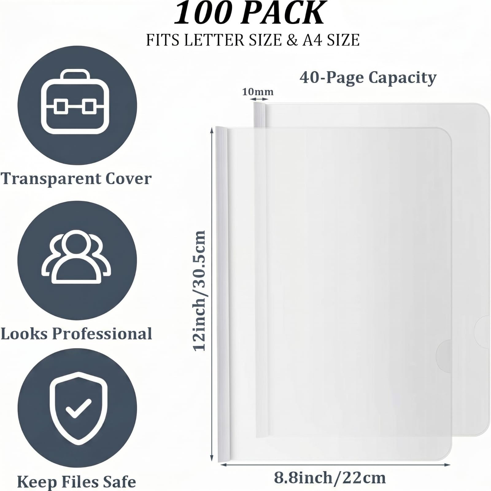 Lot de 100 pochettes transparentes en plastique avec barre coulissante blanche pour documents de format A4, 30,5 x 21,6 cm
