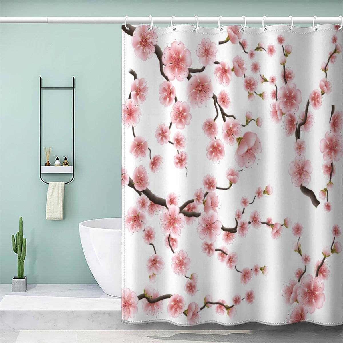 VASENA Cherry Blossoms Shower Curtain Kids Mould Mildew Resistant Waterproof Polyester Fabric Bathroom Curtains Japanese Pink Shower Curtain with12 Hooks 120x180 cm