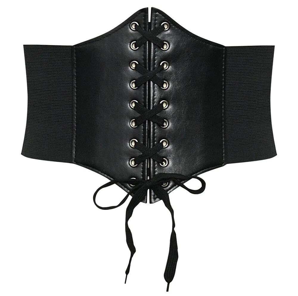 Women's Faux Leather Lace-up Corset Belt, Black, Elastic Side Panels (IN, Alpha, M, 30, Regular, Black)