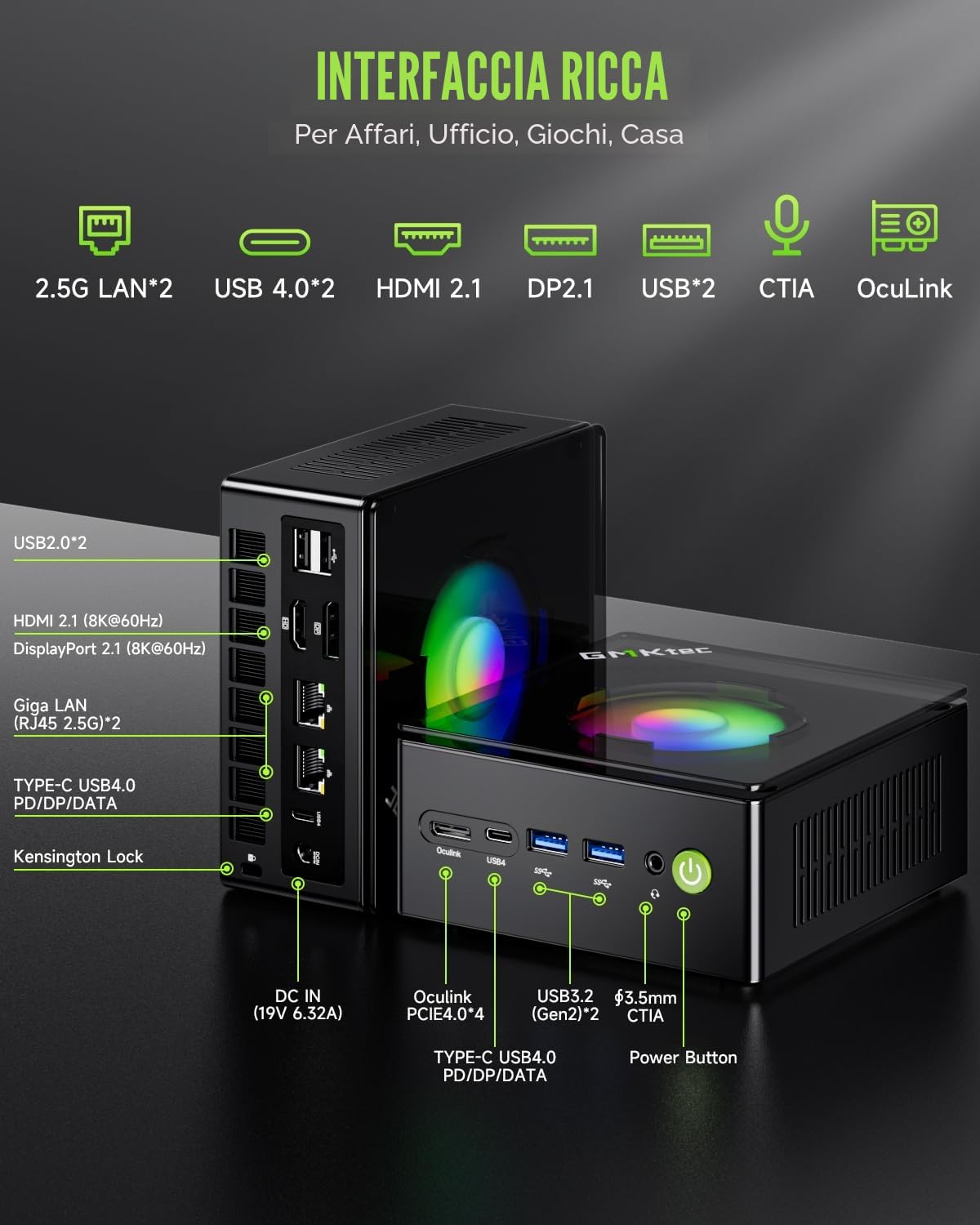 GMKtec PC da gioco, K11 AMD Ryzen 9 8945HS (8C/16T, fino a 5,2 GHz) W-11 Pro, 32 GB DDR5 RAM 1 TB Mini PC Computer desktop, Oculink, doppia NIC 2,5 GbE LAN, HDMI/DisplayPort/USB4*2