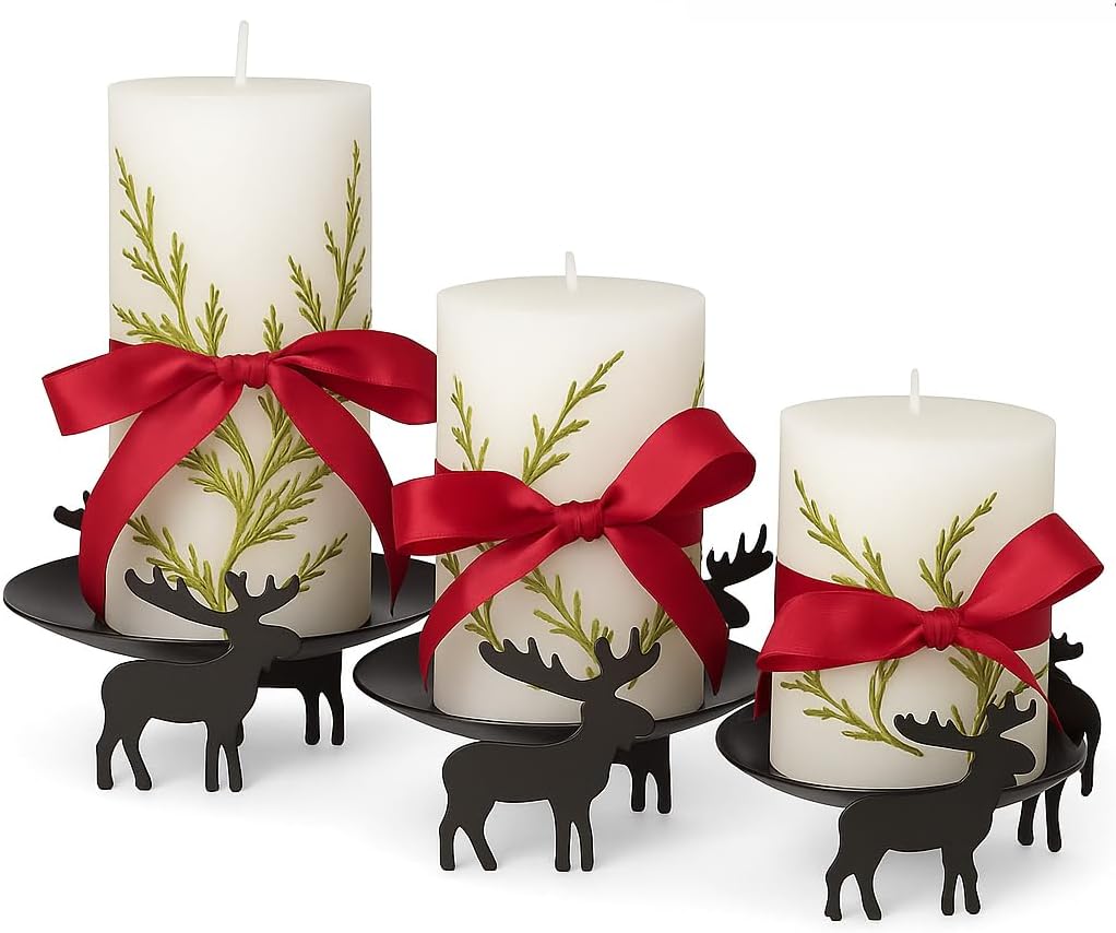 Reindeer Pillar Candle Holder Set – Set of 3 Black Metal Candle Stands in Varying Sizes (5.5", 4.5", 4") – Christmas Table Centerpiece & Winter Holiday Home Décor