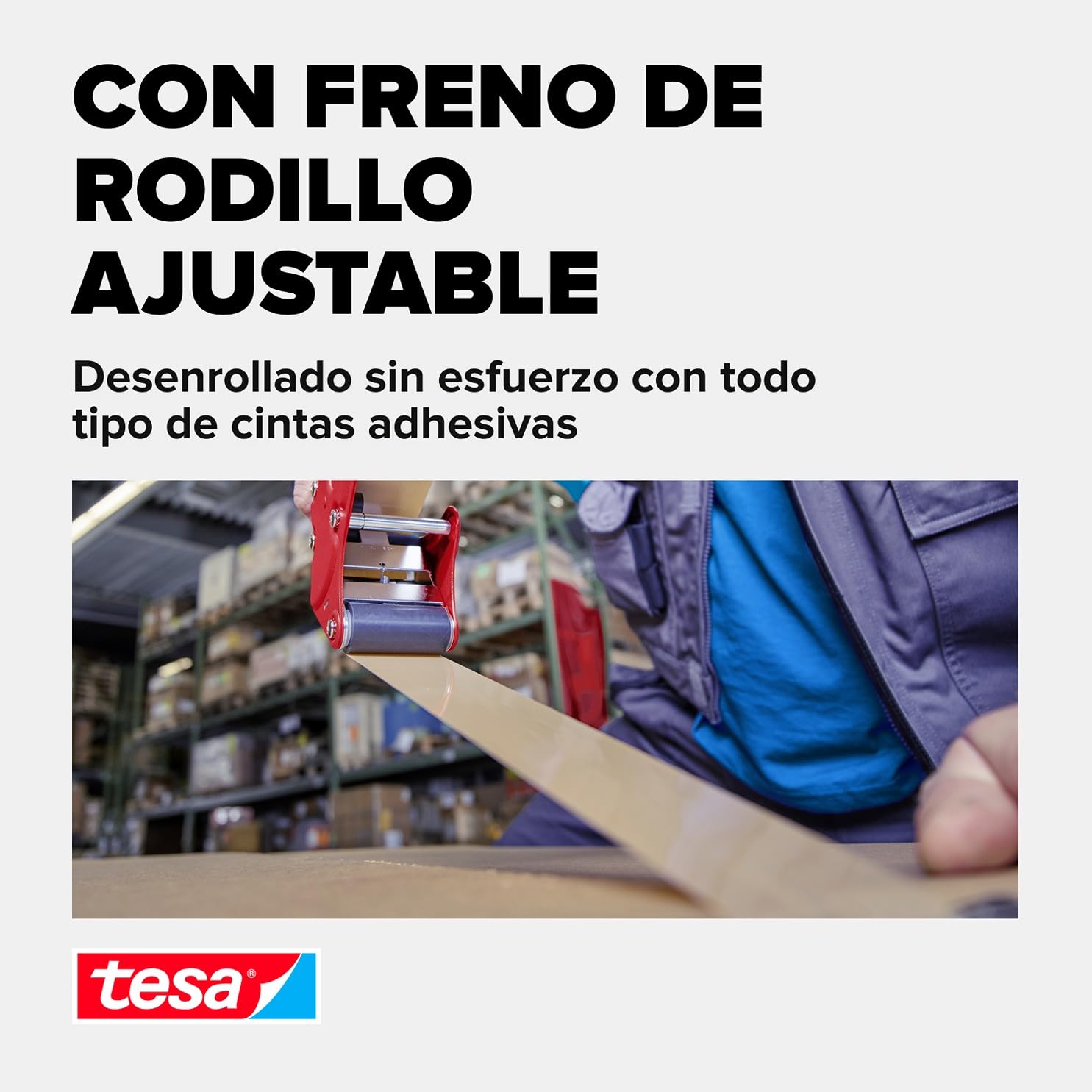 tesa tesapack® - Dispensador Manual Premium - Precintadora de Cintas para Embalaje Profesional - Ergonómico y Robusto - Para Rollos tesa® de hasta 50 mm de ancho - Color: Azul y Rojo