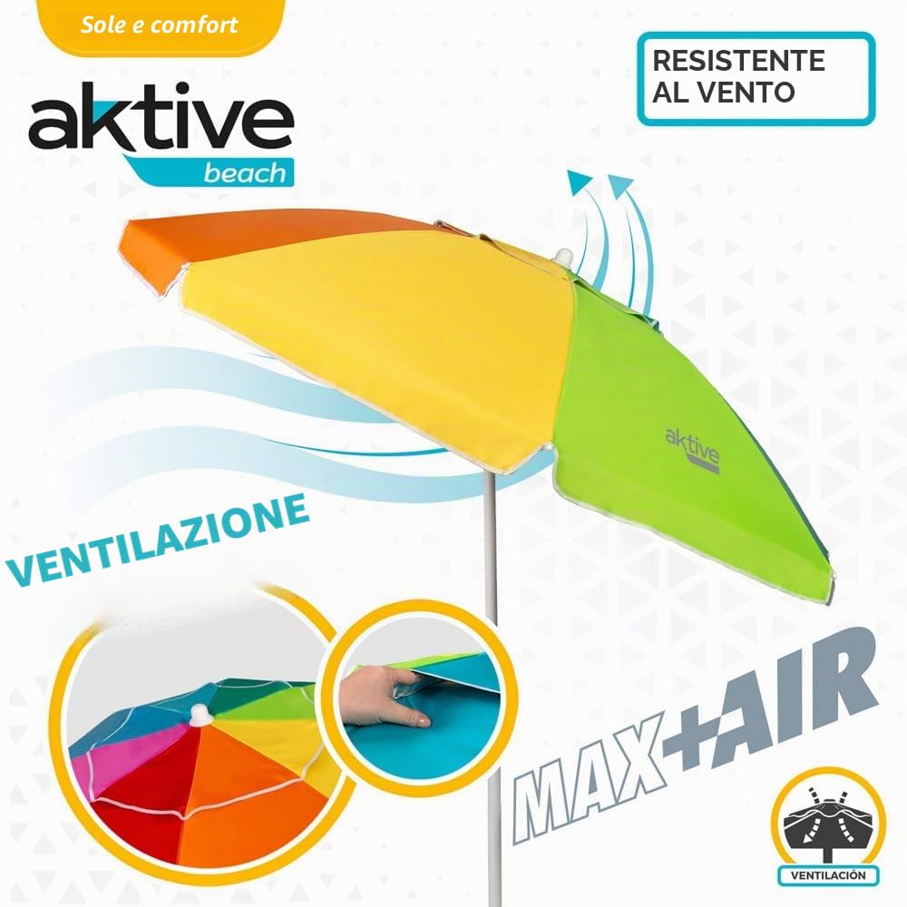 AKTIVE Grande ombrellone da spiaggia Ø200 cm antivento UV 50 palo 28-32 mm flessibile borsa