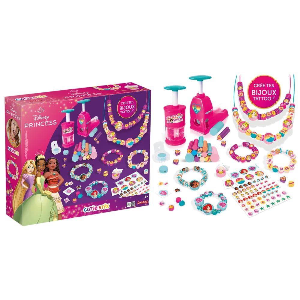 Lansay - CUTIE STIX - Set Disney Princess - Kit Création Bracelets - Crée des Perles avec des Bâtonnets Souples - Découpez et Personnalisez Vos Bijoux - Loisir créatif - Pour Enfants Dès 6 ans