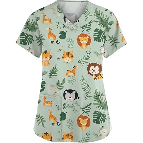 HXHYQKP Christmas Scrub Tops Women Funny Print V Neck Short Sleeve Shirts Stretch Anti Wrinkle Nursing Uniform