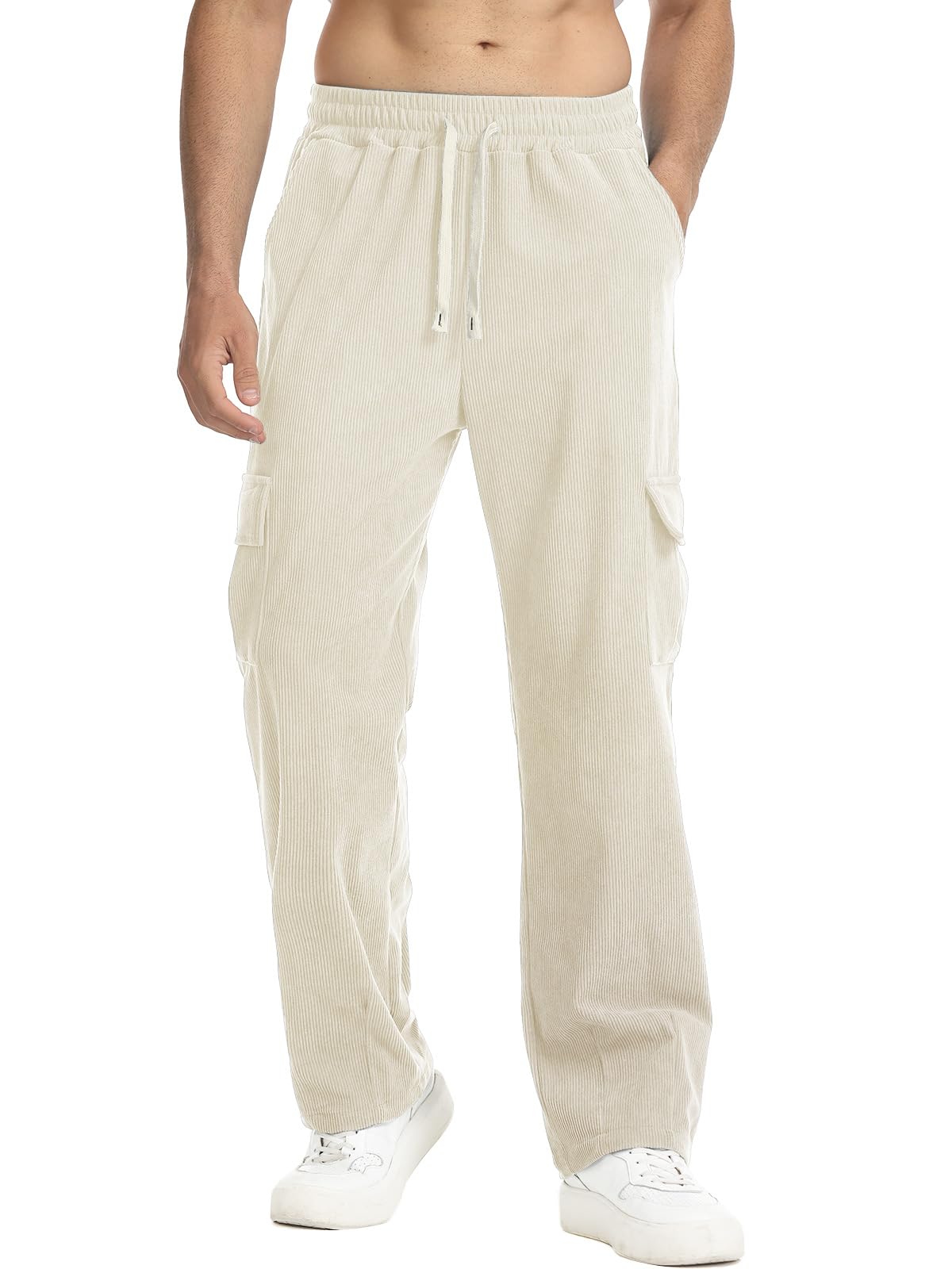 Suwangi Corduroy cargoshorts voor heren, casual, zomer, joggen, sportbroek, elastische taille met meerdere zakken, Grijs, XXL