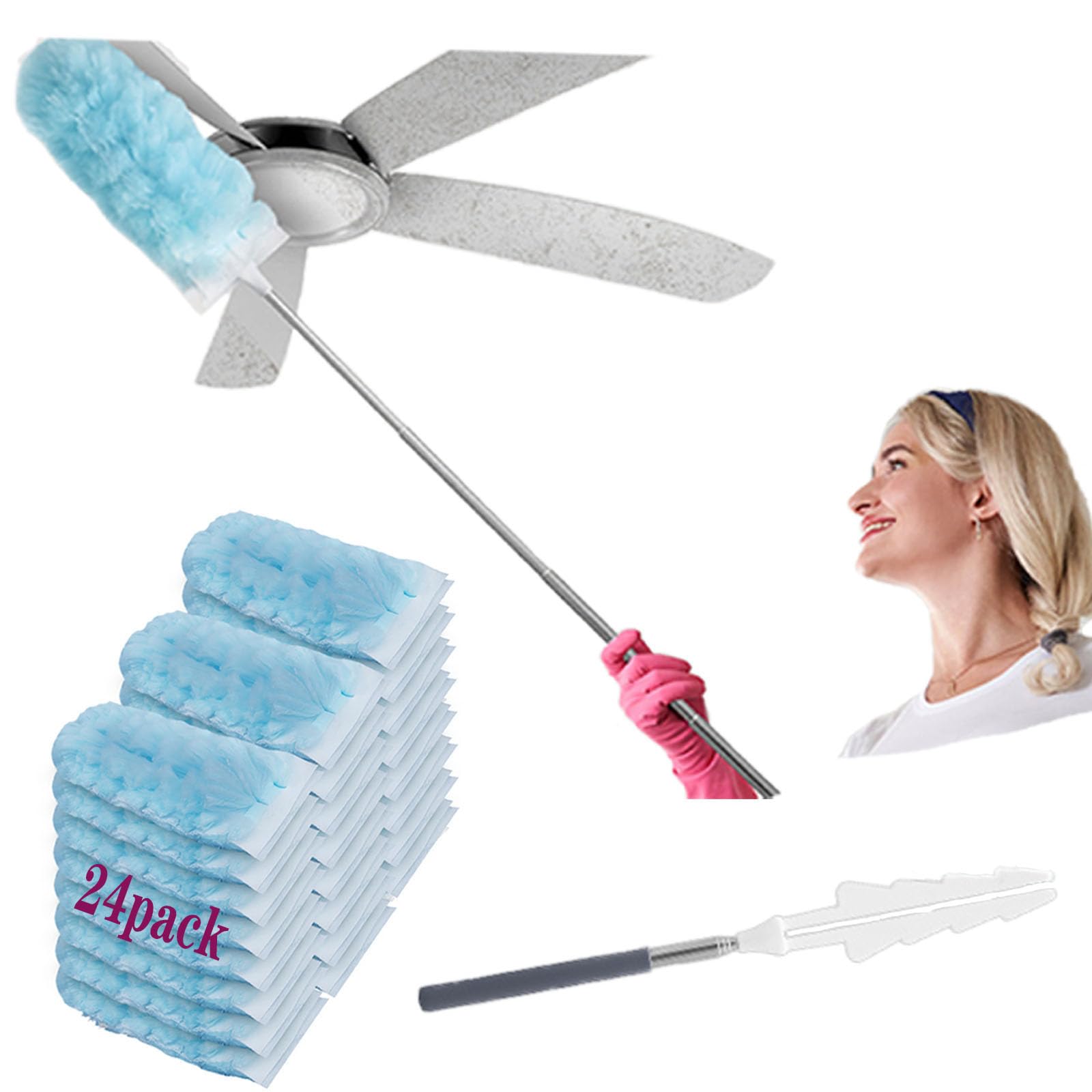 Duster Refills for Swiffer Duster, Heavy Duty Multi-Surface Duster Refills for Cleaning, 360 Feather Dusters Kit, 1 Extendable Handle + 24 Refills