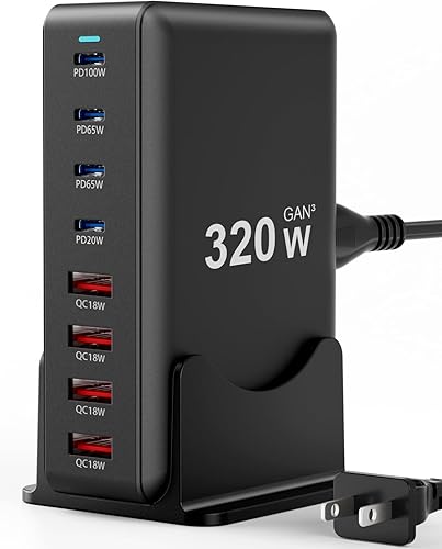 Miniatura 11 de Bloque de cargador USB C de 8 puertos de carga rápida de 500 W con cable de carga rápida de nailon, estación de carga multidispositivo, cargador