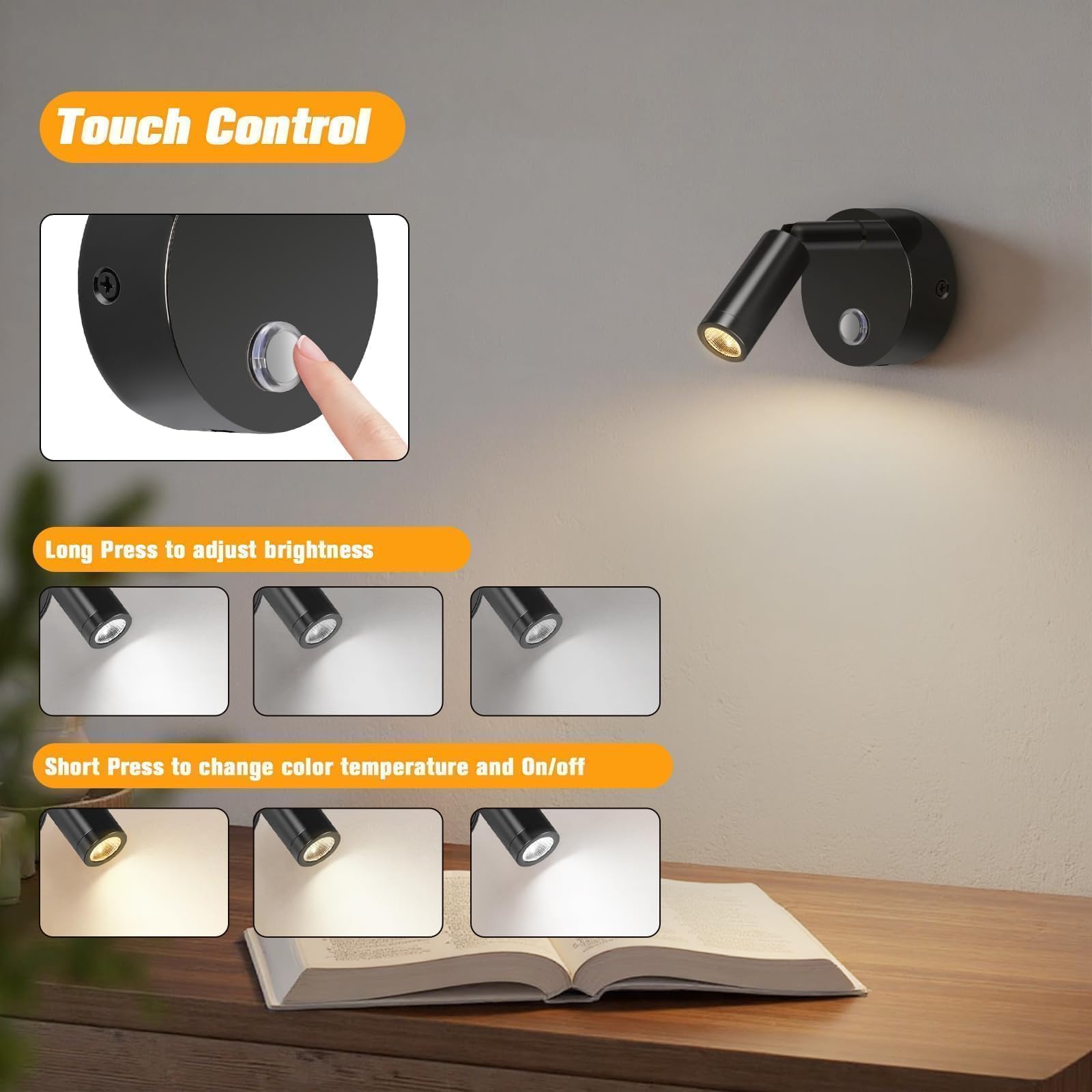 ERWEY Lampe de lecture 12V pour camping-car, applique murale LED avec interrupteur Touch Dimmable 3000K-6000K,DC 12V-24V Spot avec prises USB A+C pour bateau voiture camper van,Noir