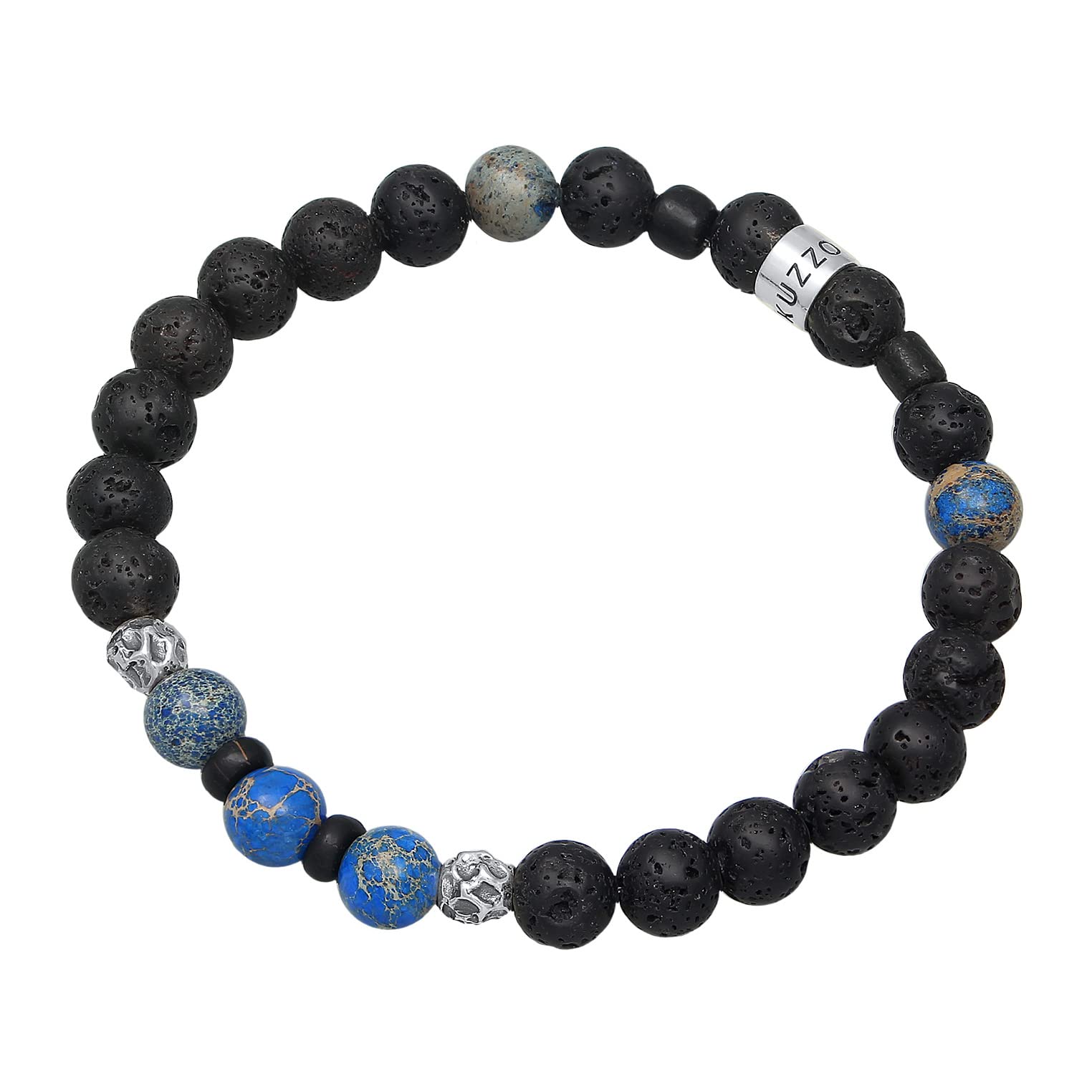 Kuzzoi Buddha Herren Naturstein Armband elastisch aus Lava Perlen (8 mm) | oxidierten 925 Sterling Silber Elementen und Glas Beads Männer Perlenarmband Länge 19-23 cm