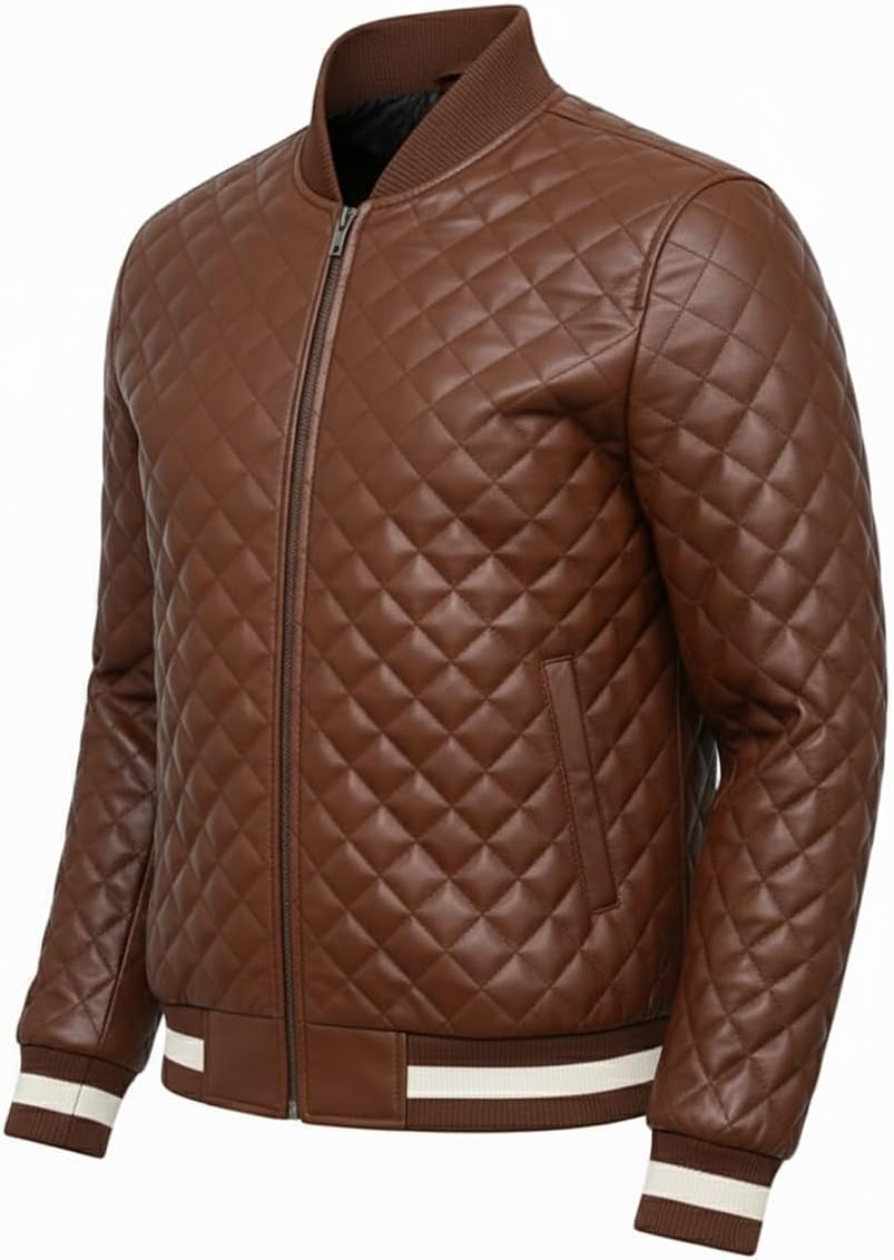 Rabbaniz Men's Black Quilted Bomber Jacket - Diamond Quilted Bomber Lambskin Leather Jacket - Image 3