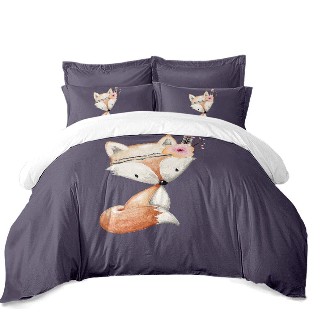 Earendel Cartoon Fox Bedding Set Cute Fox with Flower Feather Headband Duvet Cover Twin Full Queen King Size,3 Pcs Duvet Cover Pillowcase Sheets Childs Bed Sets Gift for Bedroom