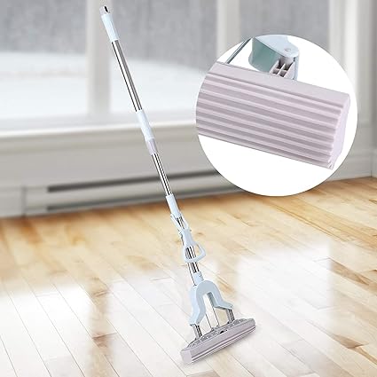 Floor Cleaning Mop, Sponge Mop Stainless Steel Telescopic Handle Home Floor Cleaning Tool, Mess Free Double Roller, Squeezing System Soft Floor Mop Easy with Absorbent PVA Sponge