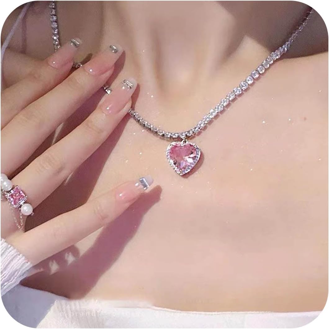 YienDoo Boho Crystal Tennis Necklace Choker Sparking Red Rhinestone Heart Pendant Necklaces Pave Crystal Heart Charm Necklace Statement CZ Bridal Wedding Necklace Jewelry for Women and Girls
