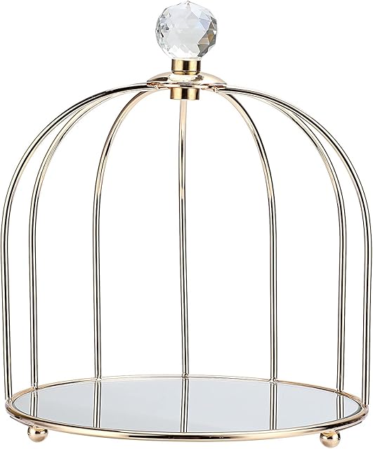 BSTKEY 1 Tier Mirror Tray Vanity Cosmetic Makeup Jewelry Trinket Tray, Decorative Birdcage Shape Countertop Organizer, 18x22cm (Color Gold)