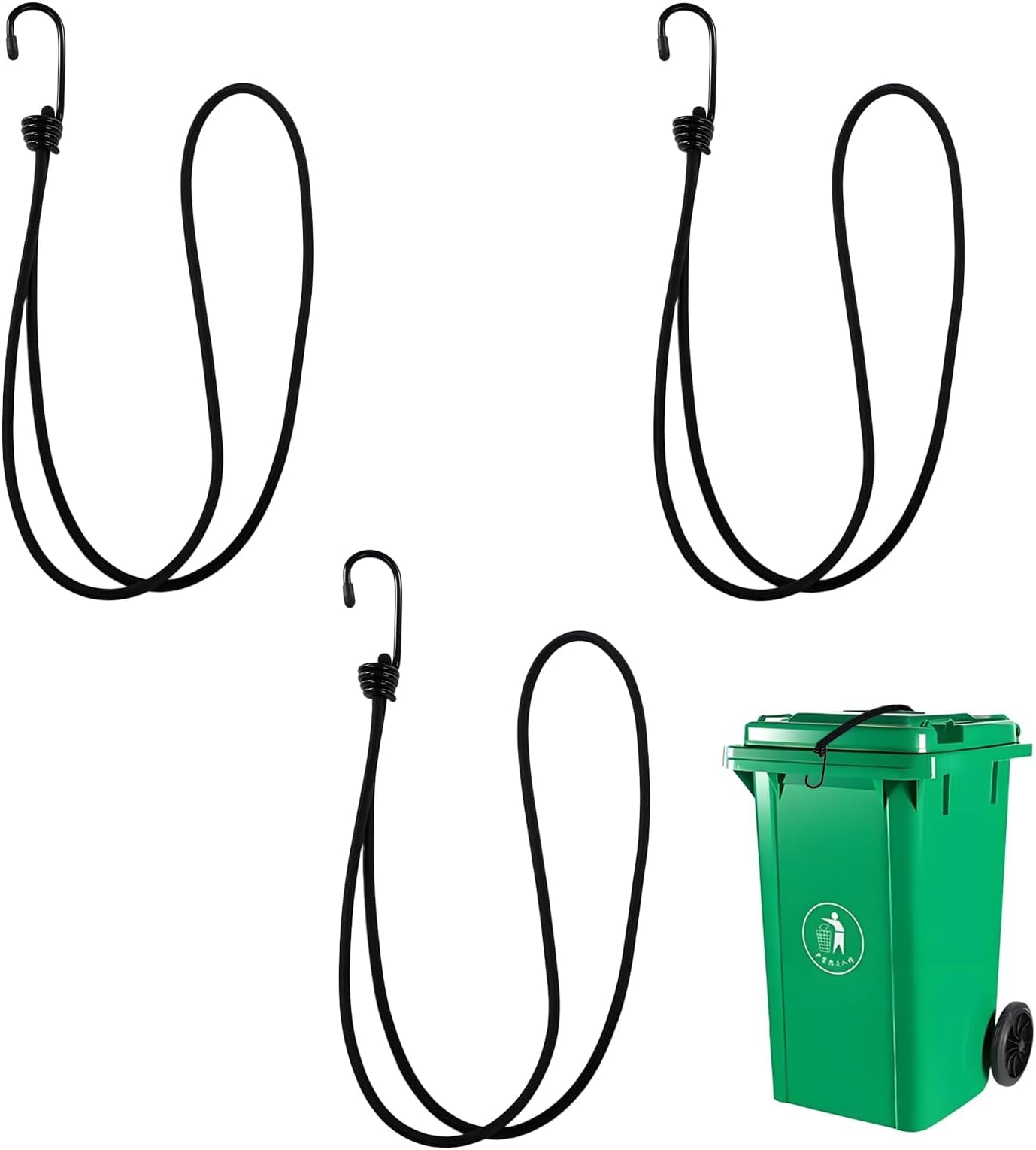 3 Pcs Wheelie Bin Locks Uk, Bin Straps Wheelie Bin Black Bungee Cords with Hooks Prevent Overflow of Contents, Heavy Duty Bungee Cords with Hooks, Used to Fix Garbage Bins and Prevent Wind Dumping