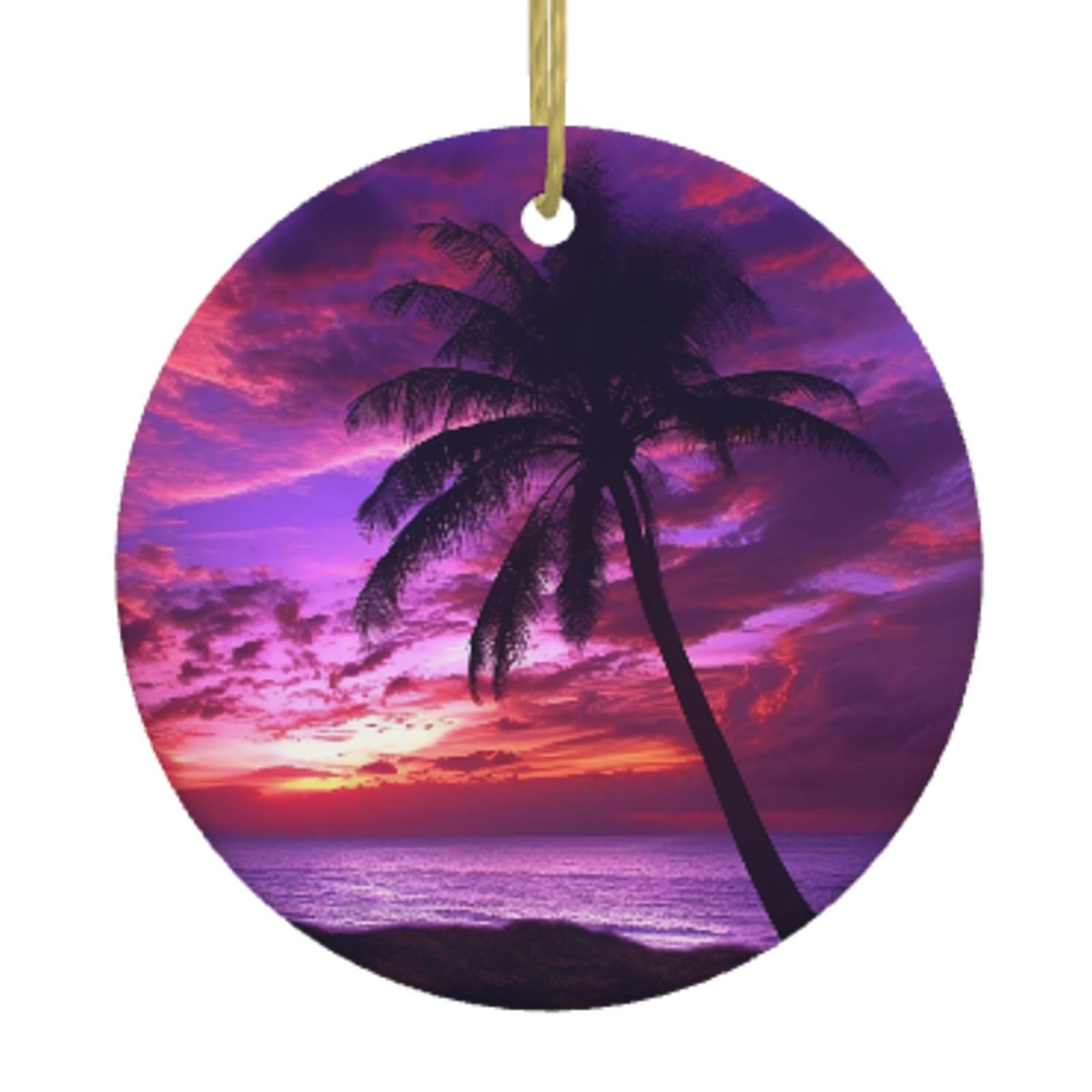 Ceramic Christmas Tree Hanging Ornaments with Gold Ropes Christmas Tree Decorations Round Ceramic Palm Tree Purple Sunset Pendant Keepsake Decorations for Holiday Xmas Gift Ideas