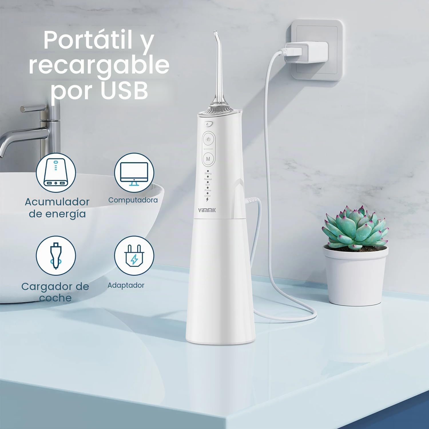 Vimmk Irrigador bucal inalámbrico, Irrigador Dental de Agua con Irrigador Oral Dental Recargable Impermeable IPX7 para Viajes a Casa (Blanco)