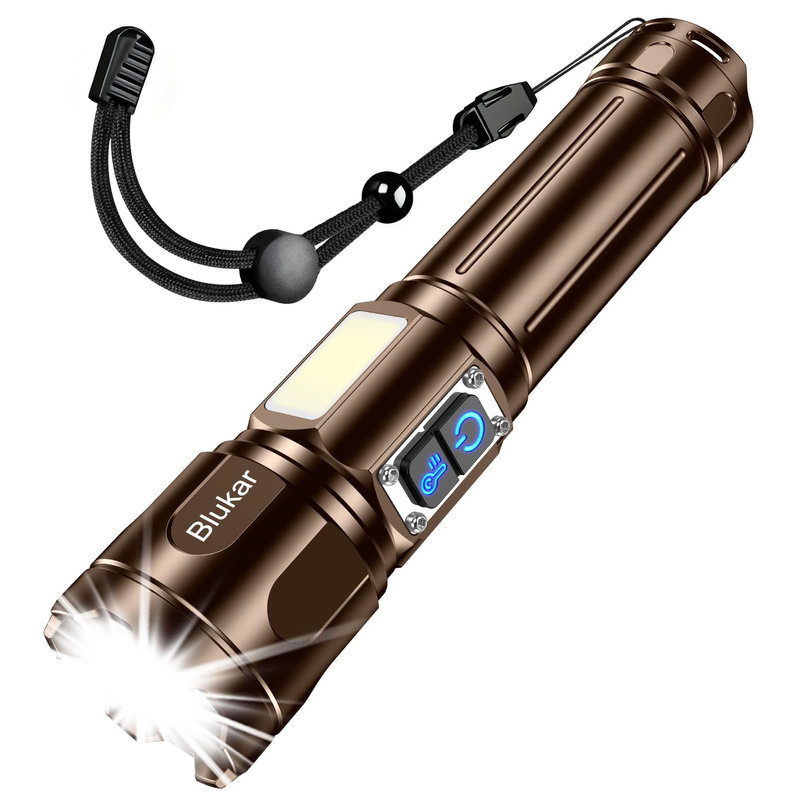 Blukar Taschenlampe LED 2 Farbtemperatur mit Hauptlicht & Seitlich COB | Aufladbar Extrem Hell Stufenlos Dimmbar Taschenlampen Zoombar Handlampe, 7 Modi Wasserdicht Flashlight,Braun