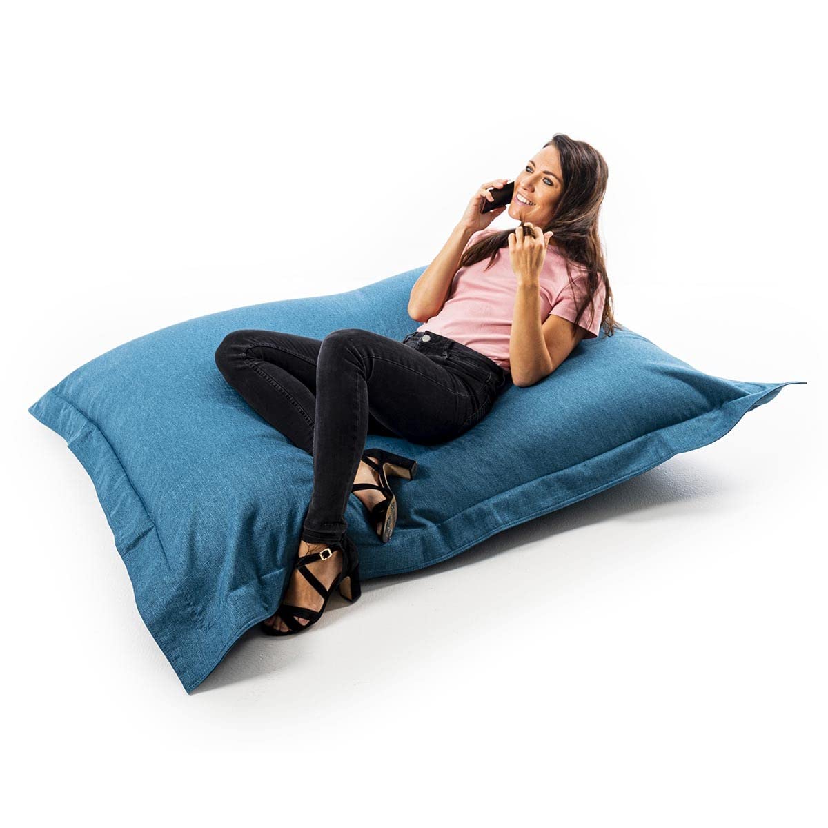 LIVEDECO - Pouf Géant Lin Intérieur Salon, Déhoussable, Cocooning Bleu Canard BiG52