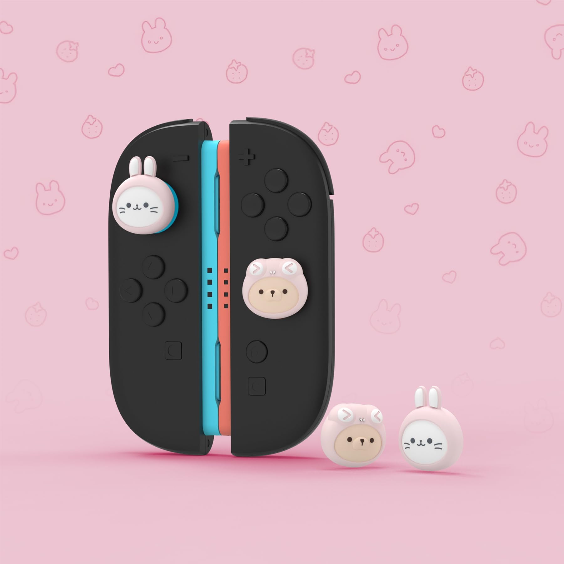 PlayVital 4 Piezas de Agarres para el Pulgar para Nintendo Switch 2 2025, Kawaii Tapas de Silicona para Joysticks de Joycon, Protector para Joystick, Accesorios para Switch 2 (Gatito & Cachorro Rosa)