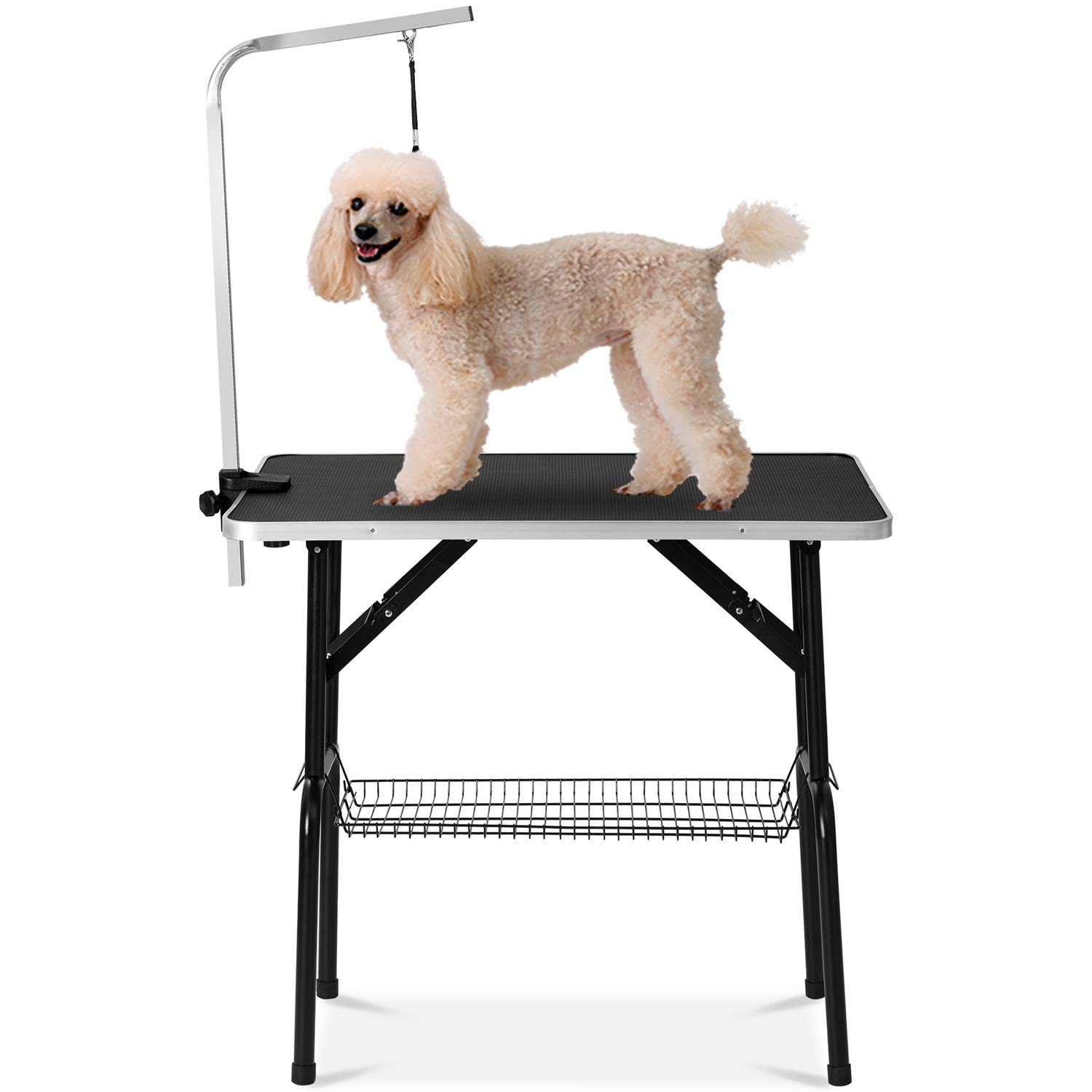 LZ LEISURE ZONE Pet Dog Grooming Table Adjustable Height Foldable Drying Table Portable Non-Slip Rubber Table with Mesh Tray, Arm and Clamp for Dogs Cats, Black