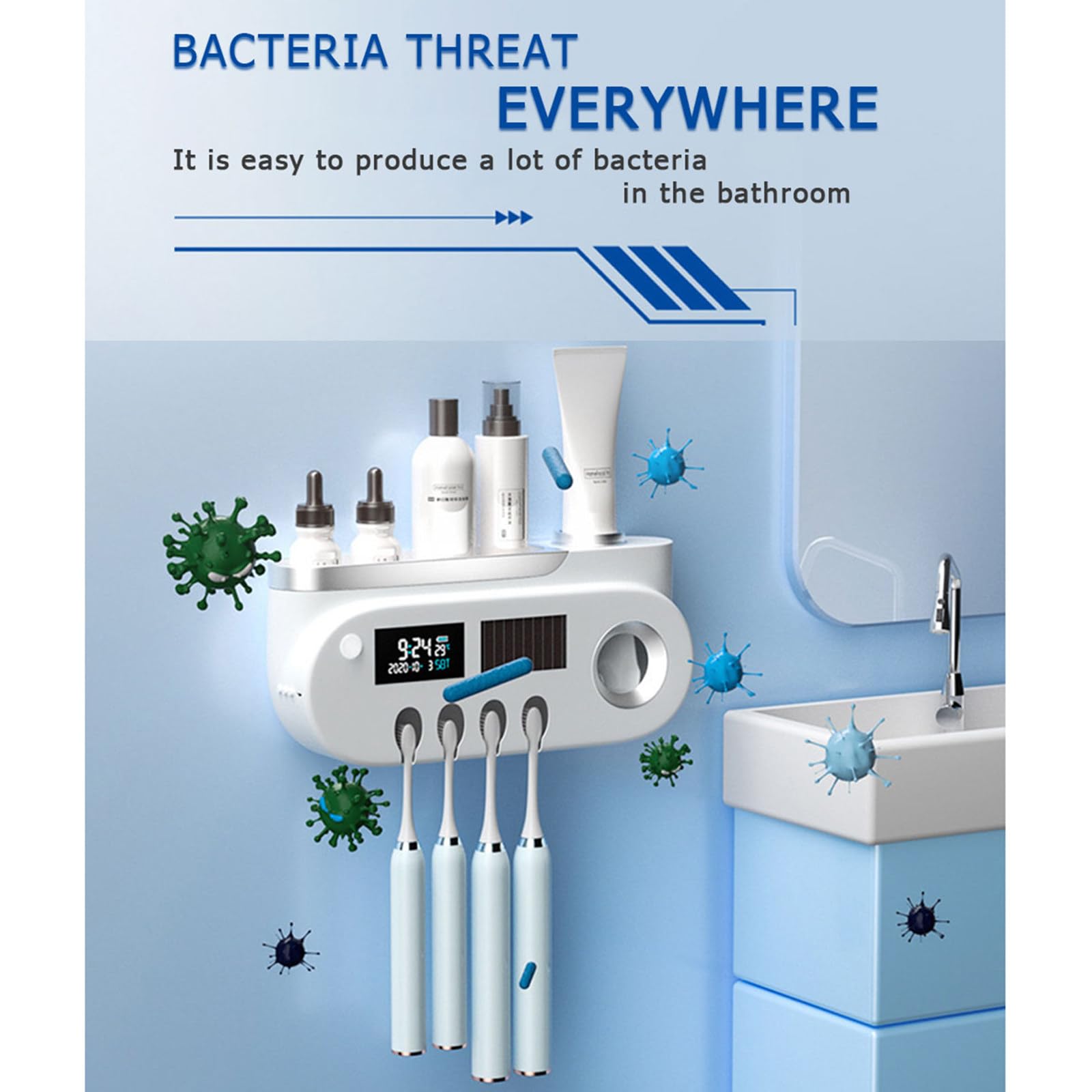 Dispensador de pasta de dientes montado en la pared, esterilizador de cepillo de dientes inteligente con pantalla LED, soporte para cepillo de dientes, organizador de baño, accesorios,C