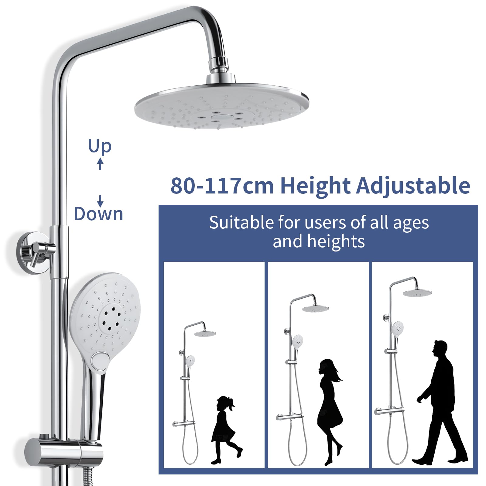 Duschsystem mit Armatur Chrom Runden Duschset ohne Thermostat aus Messing | Duscharmatur Komplettset Höhenverstellbar 80-117cm, Duschamaturenset mit 22 cm Regendusche, 3 Strahlarten Handbrause, 150mm