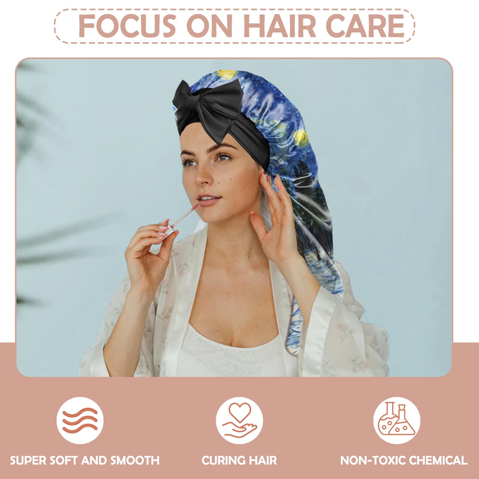 BHAHB Silk Long Satin Hair Bonnet for Sleeping Adjustable Double Layer Elastic Reusable Long Hair Caps Cute Women Girls (L22-Starry Night) - Image 4