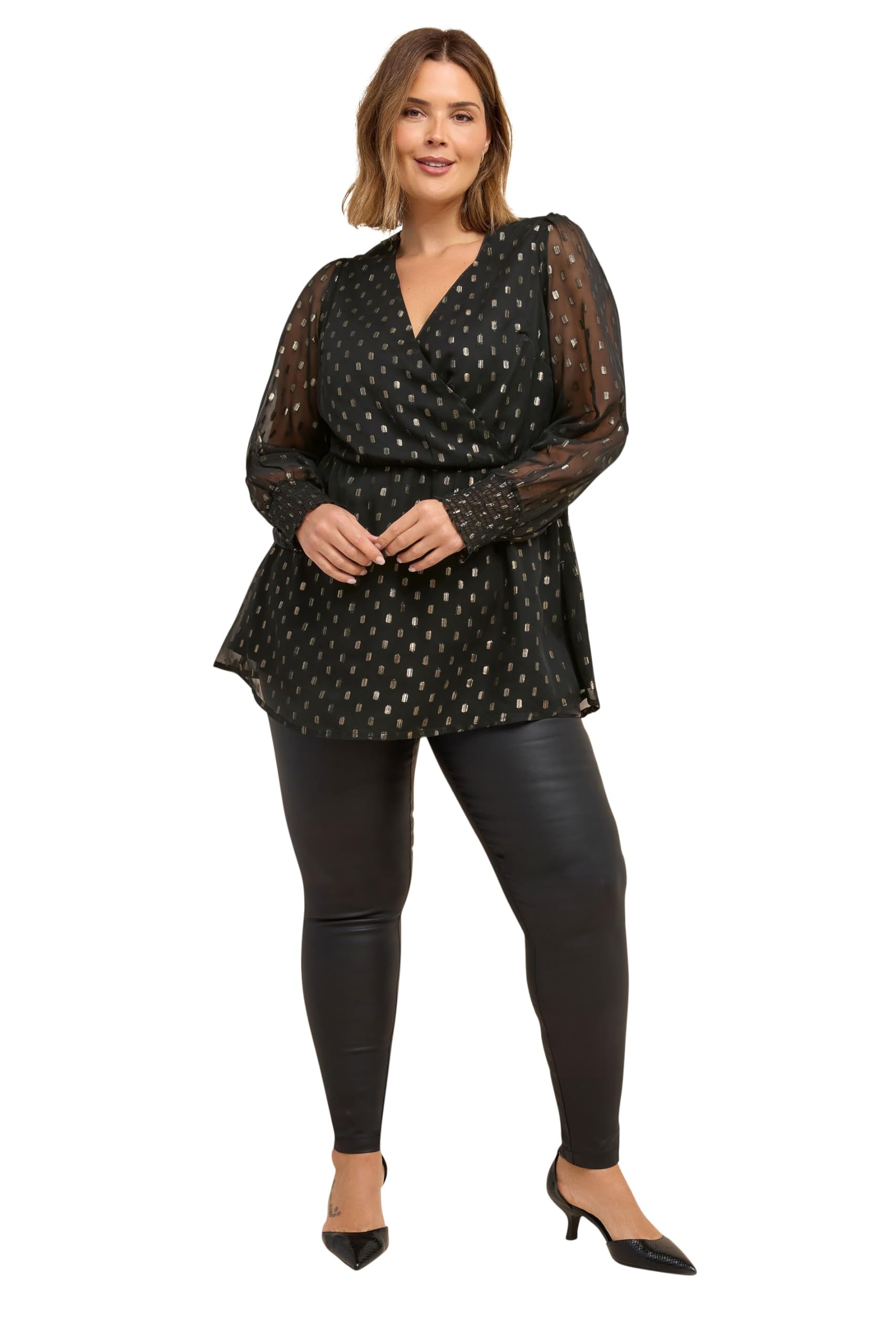 Evans Women's Black Curve Foil Polka Dot Wrap Blouse - Plus Size Curve