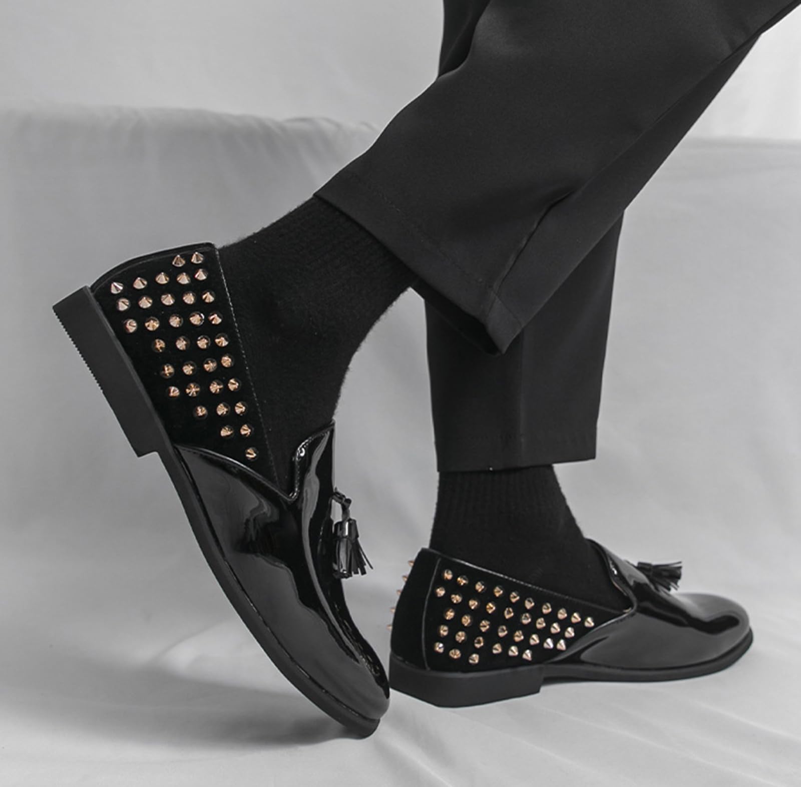 Mocasines con Borlas y Tachuelas para Hombre Zapatos de Vestir Charol PU para Boda Fiesta Gala