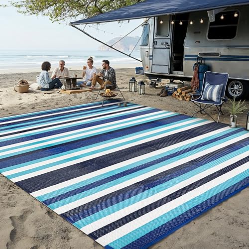 Wetterfest Outdoor Teppich Groß, Wendbarer Balkon Camping Teppiche Blau Kunststoff Stroh Terrasse Matte UV-beständige Outdoorteppich Rug Carpet für