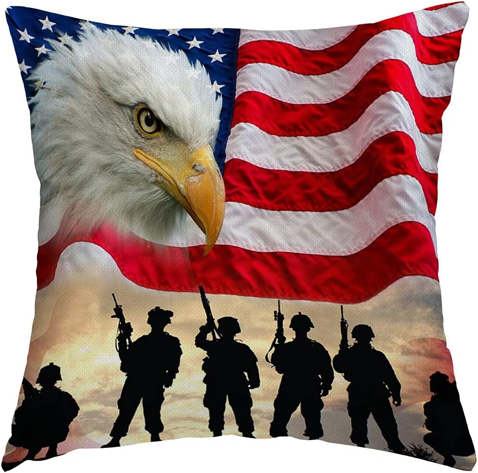 Swono United States USA Flag Throw Pillow Cover American Military Soldiers with Eagle Art Print Decorative Pillow Case Home Decor Square 16x16 Inches Pillowcase