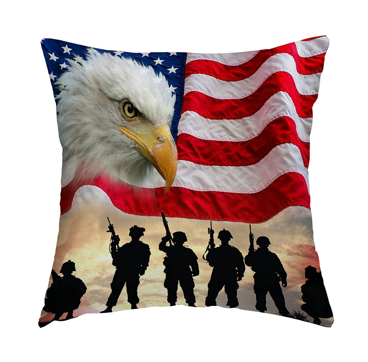 Swono United States USA Flag Throw Pillow Cover American Military Soldiers with Eagle Art Print Decorative Pillow Case Home Decor Square 16x16 Inches Pillowcase