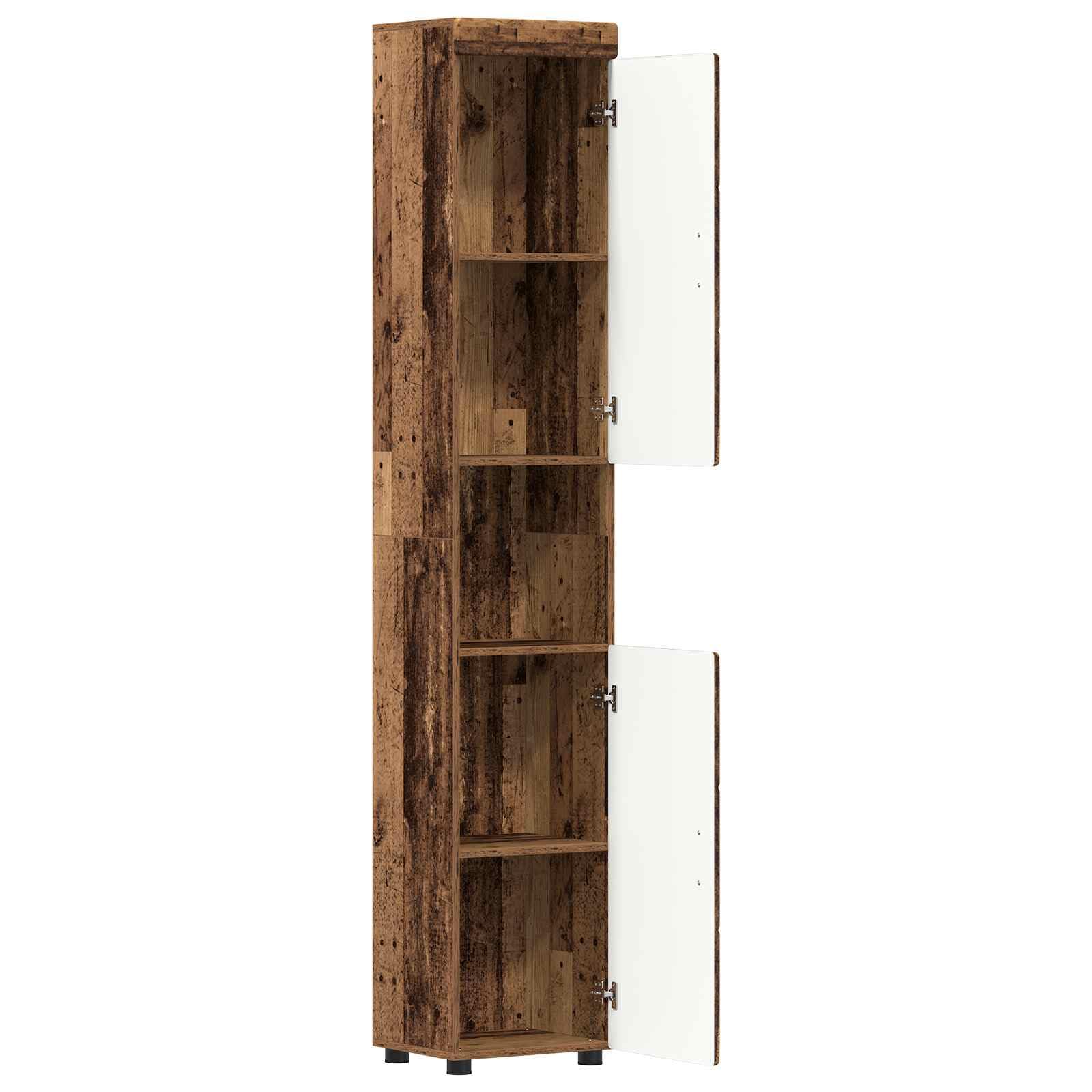 Armario de baño Tulum con aspecto de madera vieja, armario de baño estrecho de madera con acabado mate, estantería moderna con mucho espacio de almacenamiento, 37 x 31,5 x 203 cm