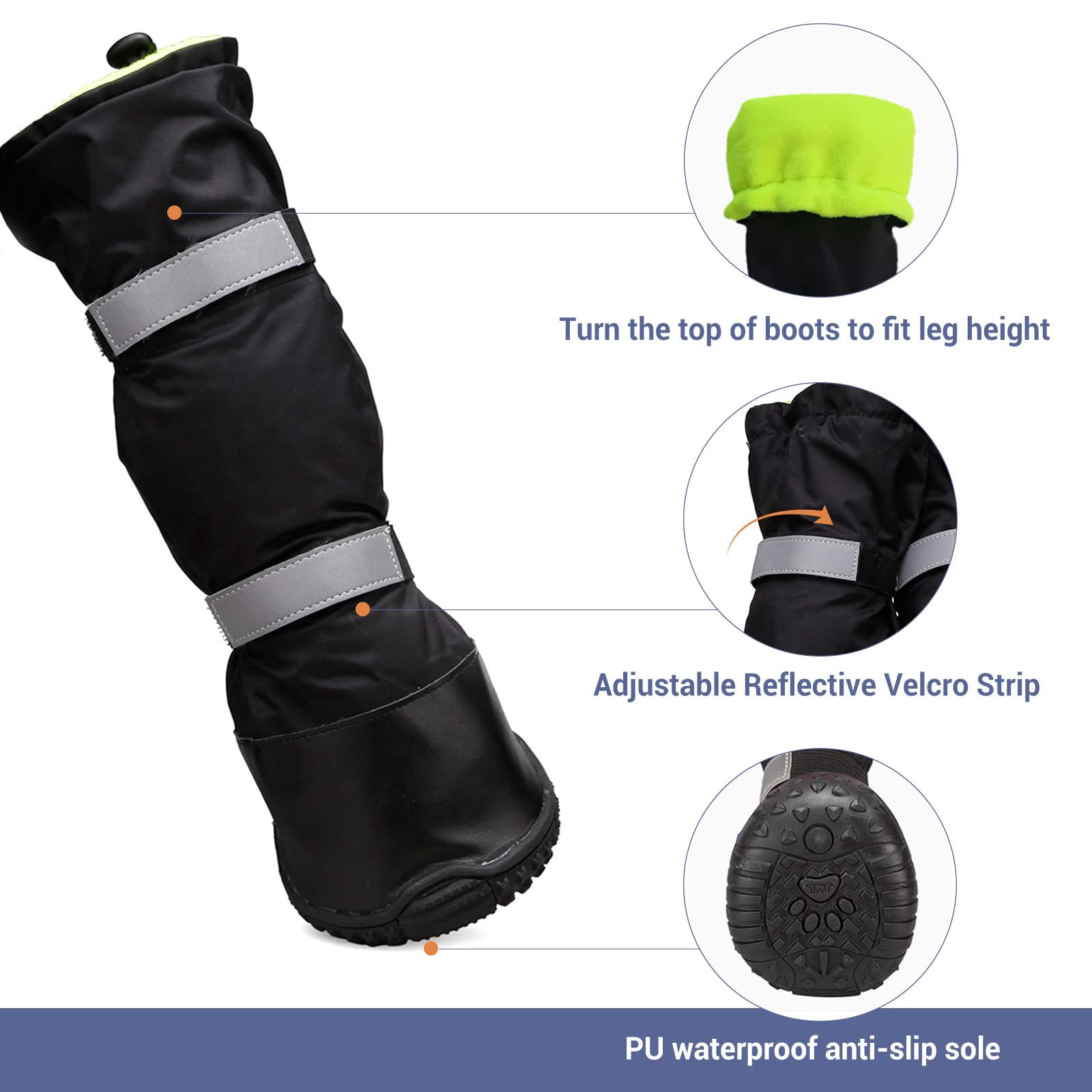 Lot de 4 bottes imperméables pour pattes de chien avec bande réfléchissante - Chaussures antidérapantes pour la neige, la glace, les trottoirs pluvieux et chauds - Noir - Taille 1