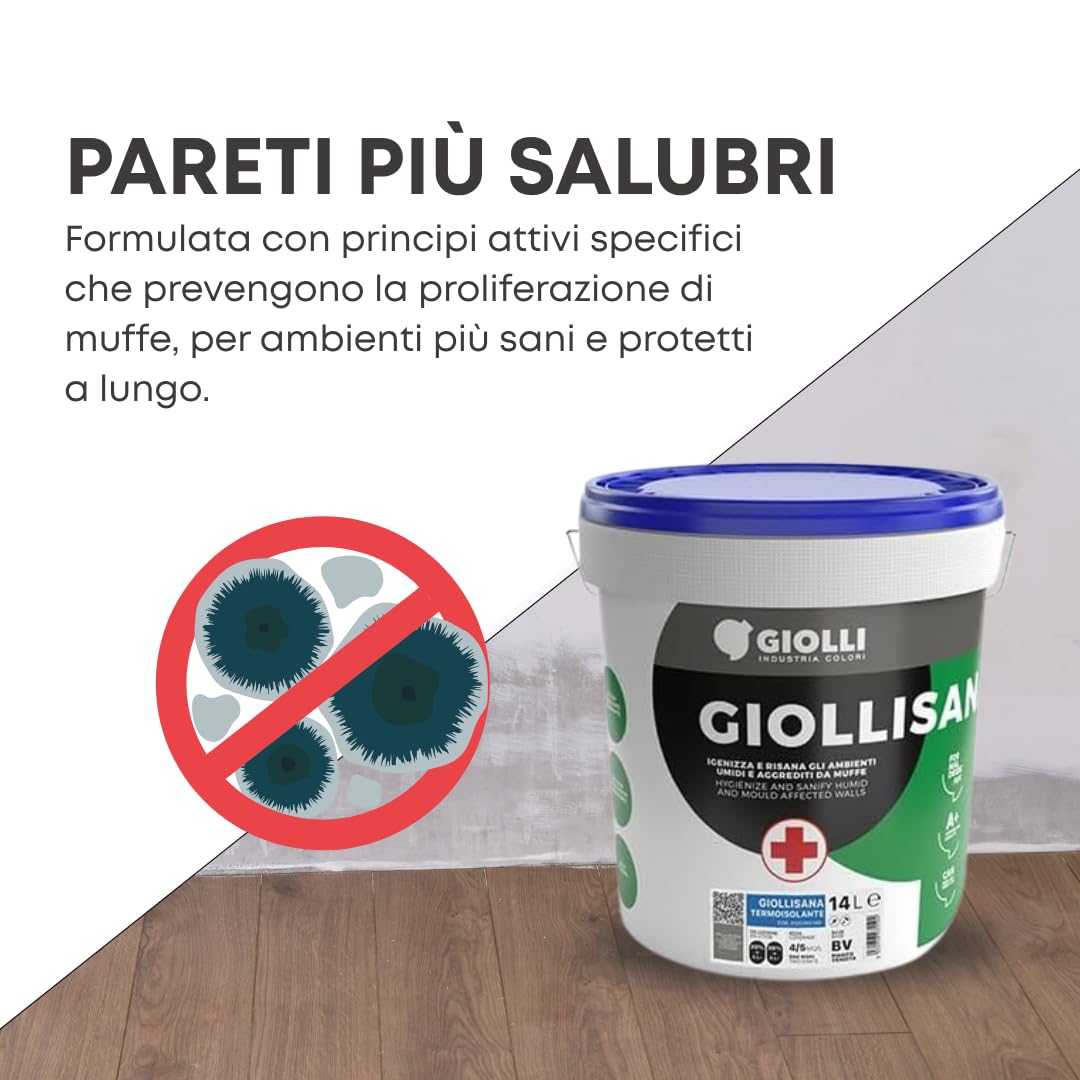 Giolli industria colori | Pittura Antimuffa per Muri Interni Giollisana Termoisolante - Pittura Termica Bianca Anticondensa Traspirante Lavabile - Certificata A+ e Priva di Formaldeide - 14 L
