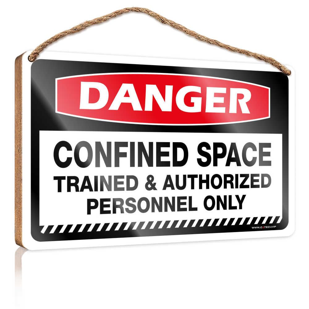 HMQW Spring Signs For Home Decor Danger Confined Space Trained & Authorized Personnel Only Wooden Sign Funny Decor For Home Bathroom Door Signs For Home(23X35CM)