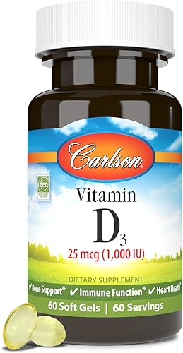 Carlson - Vitamina D3, 1000 UI (25 mcg), salud ósea, salud muscular, colecalciferol, suplementos de vitamina D, geles blandos de vitamina D3, 60