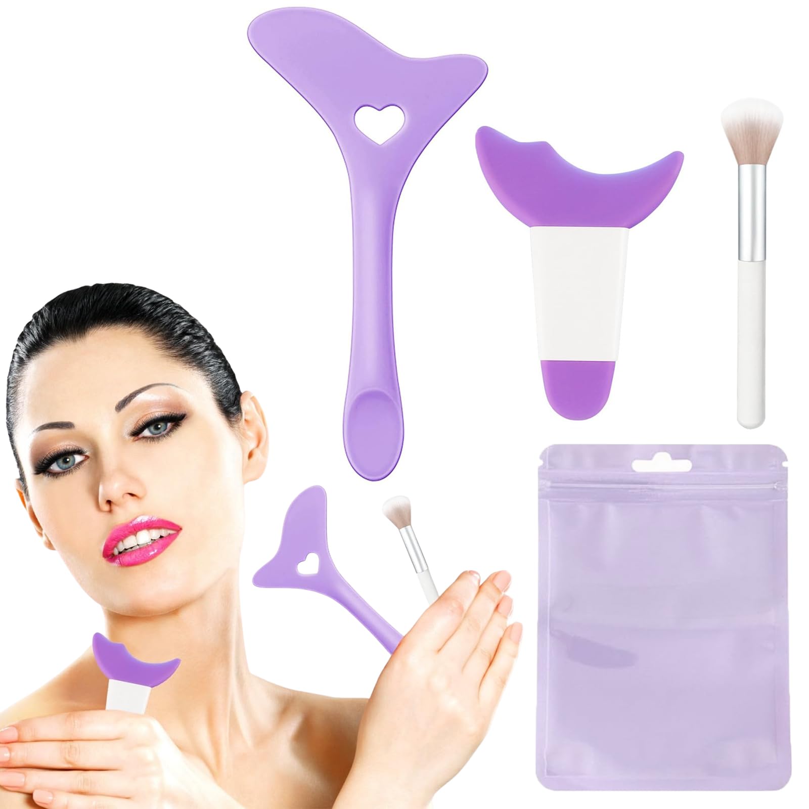 Irikdescia® 2 plantillas de delineador de ojos con pincel de sombra de ojos, bolsa de almacenamiento, silicona reutilizable para fácil aplicación, herramienta de maquillaje multifuncional (morado)