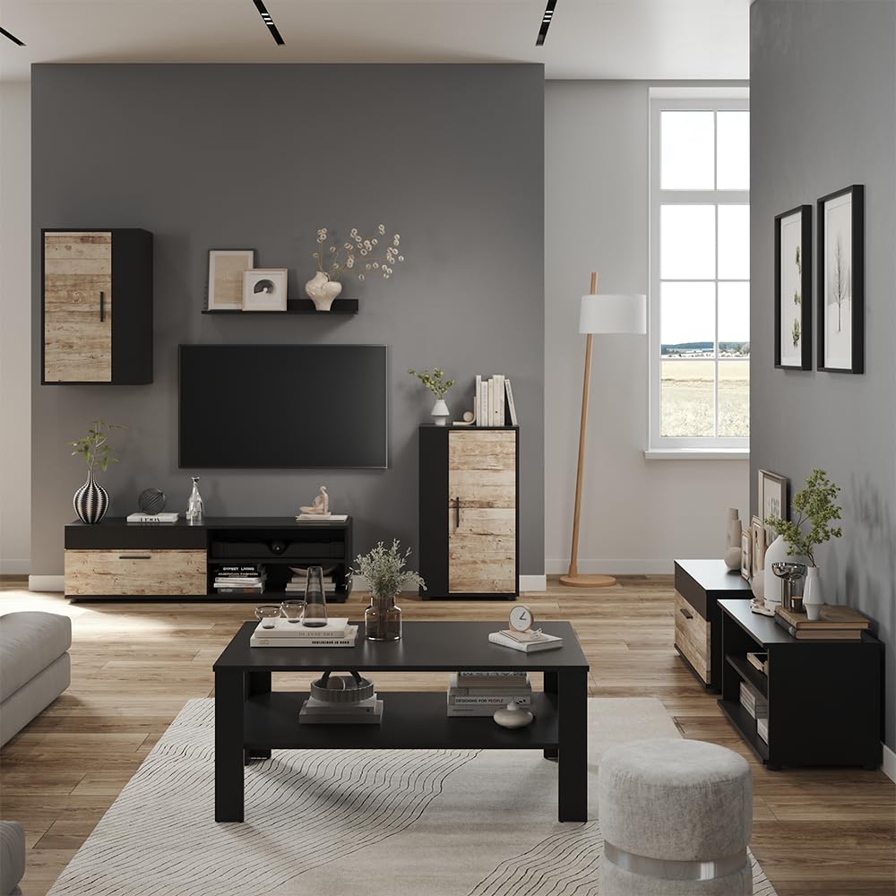 Vicco Ściana w salonie "Berno", Czarny/Piaskowy dąb, Zestaw 6-częściowy