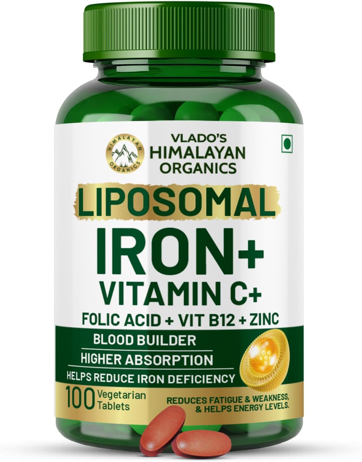 HIMALAYAN ORGANICS Organics Chelated Iron with Vitamin C,B12,Zinc & Folic Acid | Boost Hemoglobin Levels | Improves Concentration Level,Energy & Blood Building-120 Veg Tablets
