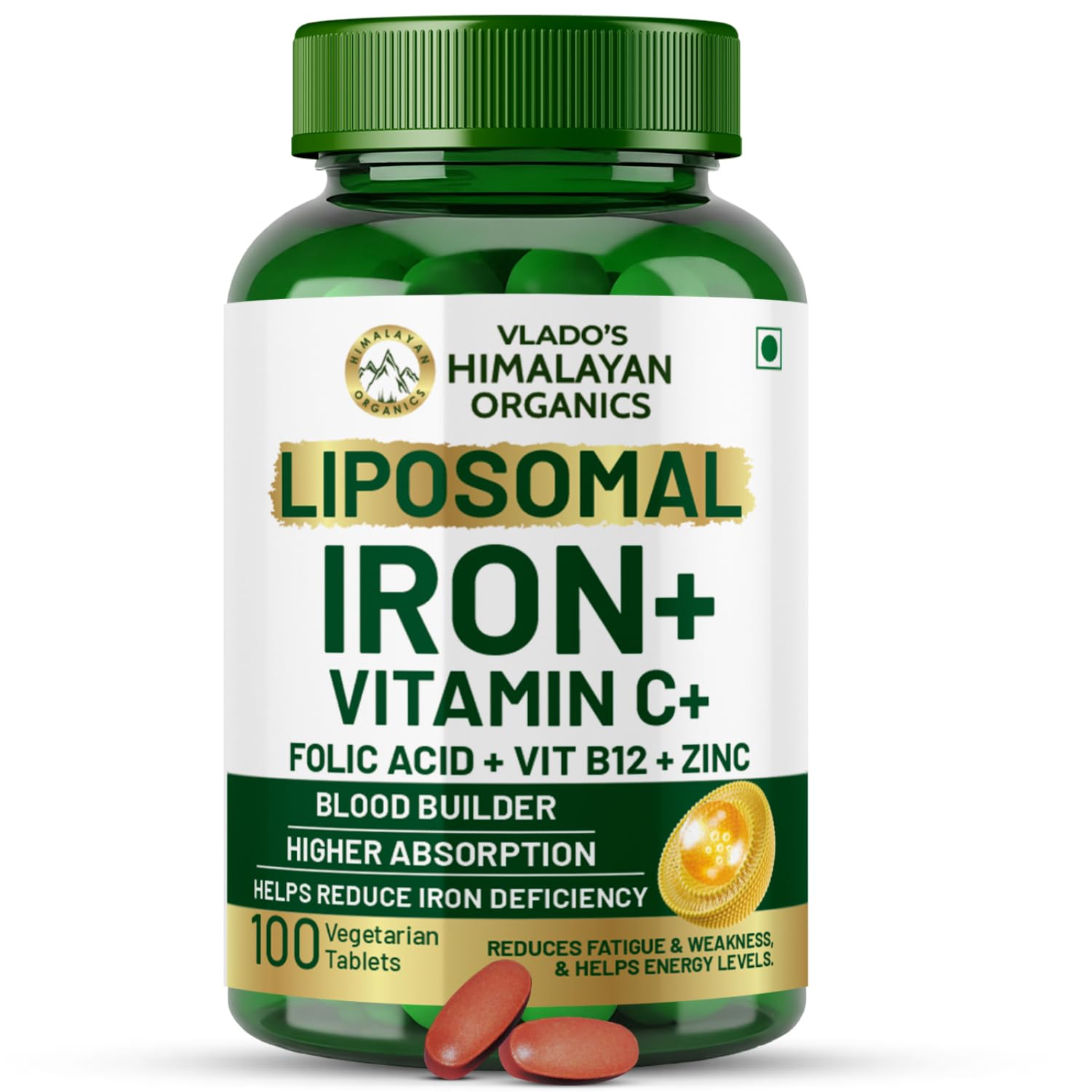 HIMALAYAN ORGANICS Organics Chelated Iron with Vitamin C,B12,Zinc & Folic Acid | Boost Hemoglobin Levels | Improves Concentration Level,Energy & Blood Building-120 Veg Tablets
