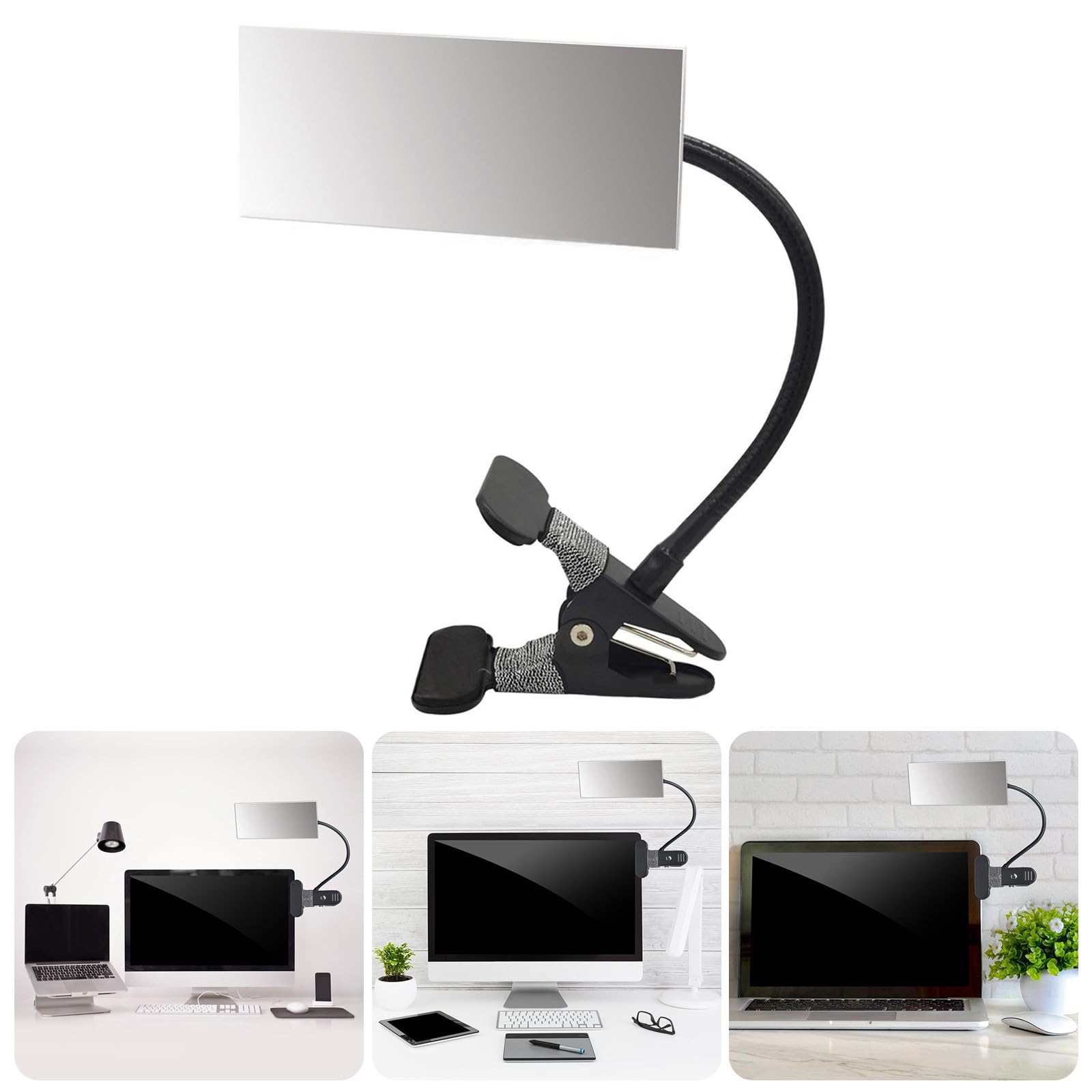 Diseño rectangular y redondo de seguridad ajustable con clip flexible para escritorio o cubículos. Vista trasera