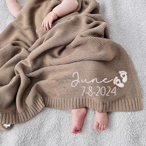 Image of Noni Luxury Personalized Name and Birthday Baby Blanket - Embroidered, Soft Breathable Cotton Knit for Newborns - Valentine's Gift for New Moms