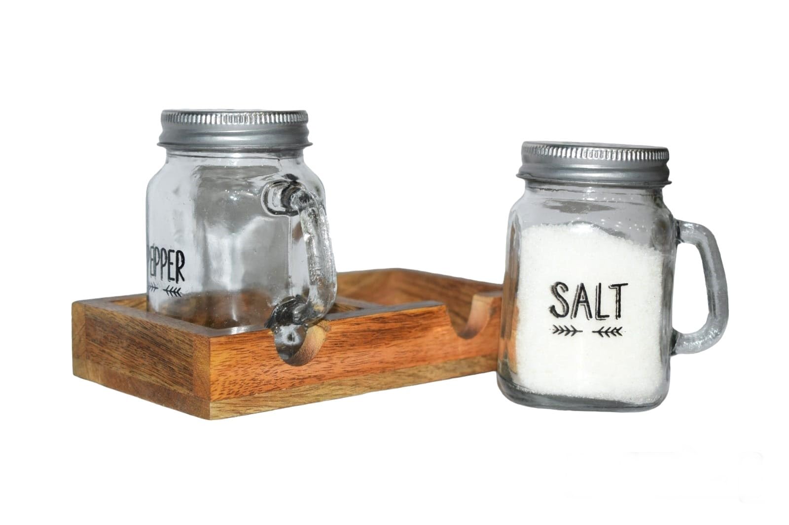 Frescorr - Elegant Glass Salt & Pepper Shakers with Wooden Stand/Tray, Table Top Dinning Table Accessories