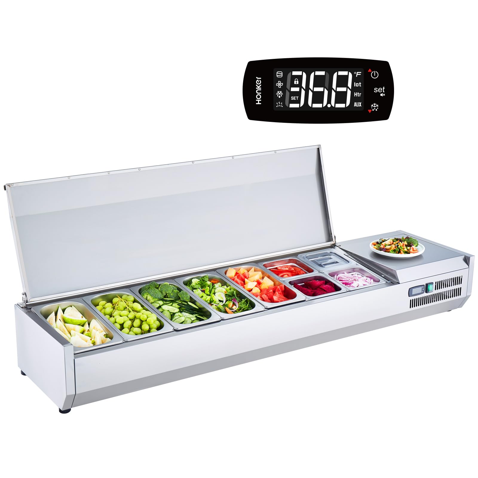 Photo 1 of ***HEAVY DAMAGE *** SELLING AS PARTS ONLY*** VEVOR Condiment Prep Rail Station, 160 W Countertop Refrigerated Condiment Station, with 5 1/3 4 1/6 Pans, 304 Body and PC Lid, Sandwich Prep Table with Stainless Guard, ETL, Silver