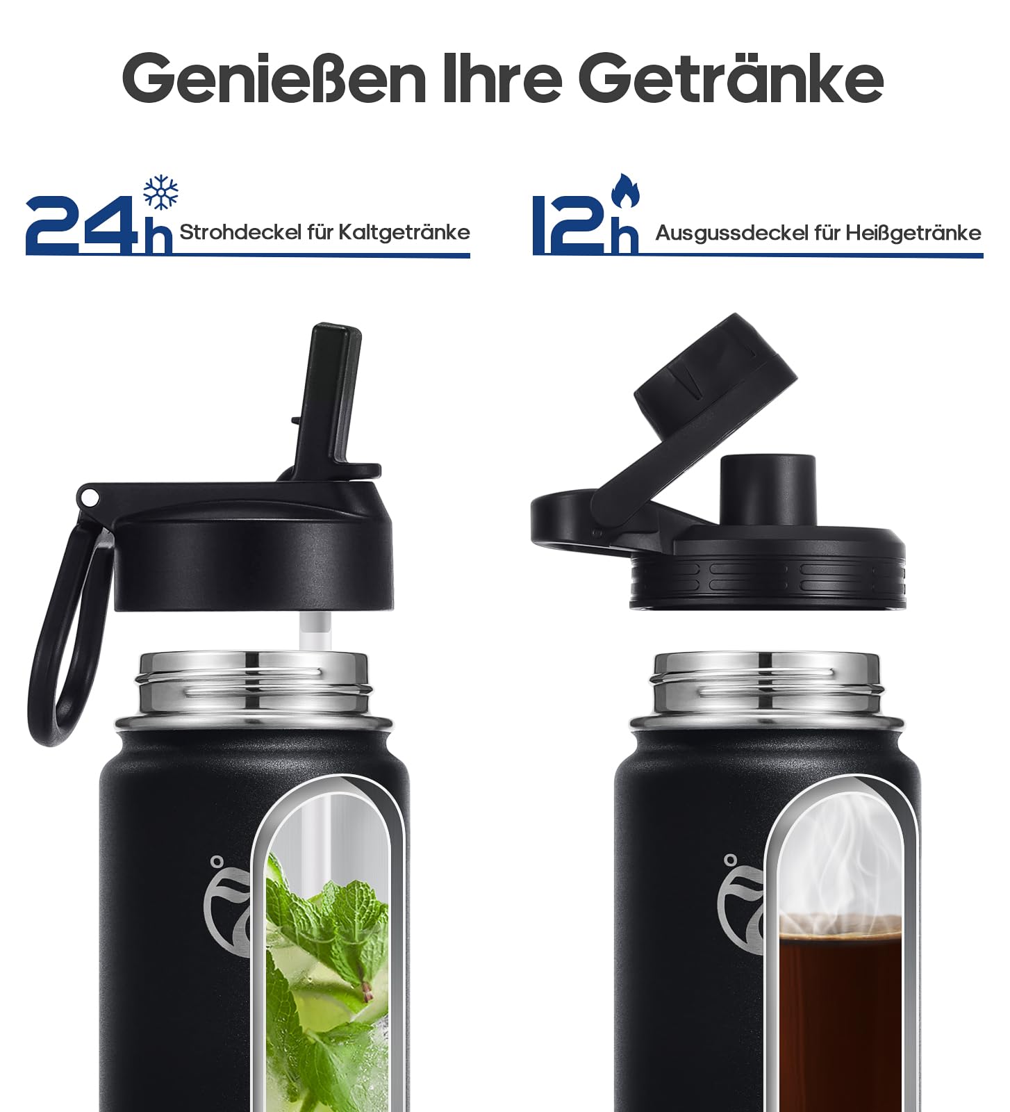 HydroPal Vacuum Insulated Water Bottle 1200ml/1000ml/750ml/500ml, 2 Lids (Straw & Spout), 12H Hot 24H Cold - Image 4